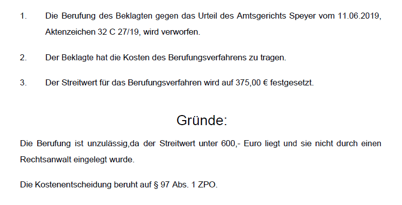 Verwerfung Berufung